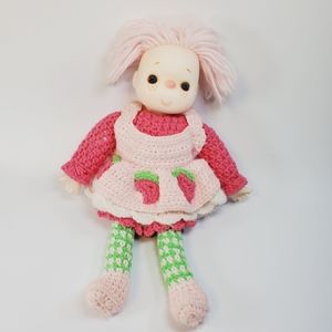 Strawberry Shortcake Vintage Handmade Crochet Knit Doll Pink Hair Strawberries
